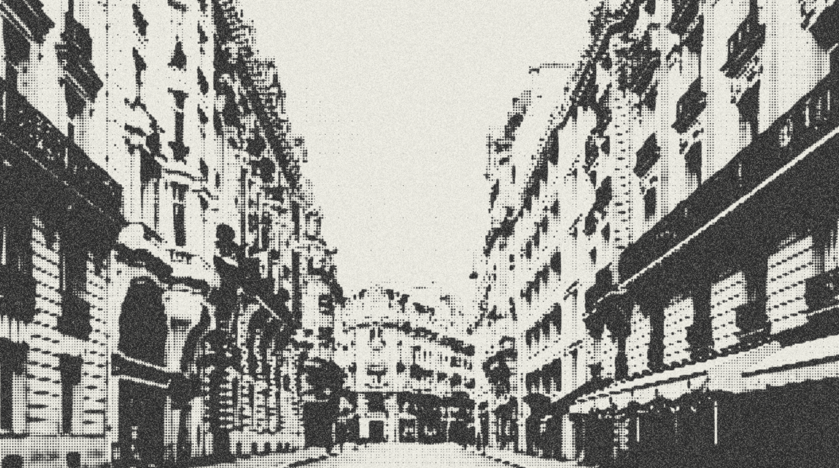 A Haussmannian Paris street, rendered as halftone dots.