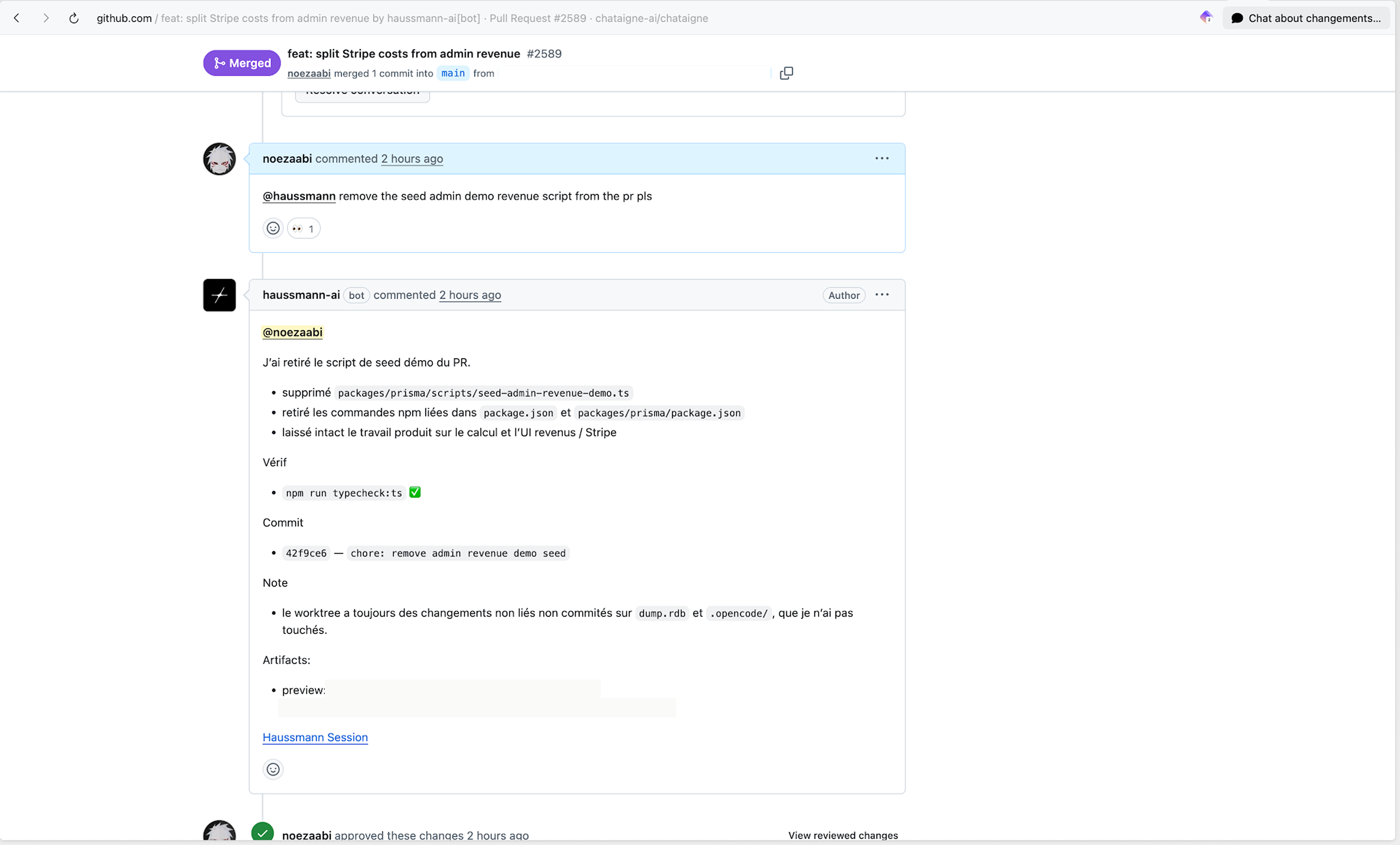 A Haussmann pull request on GitHub with a one-click preview link and a link back to the session.