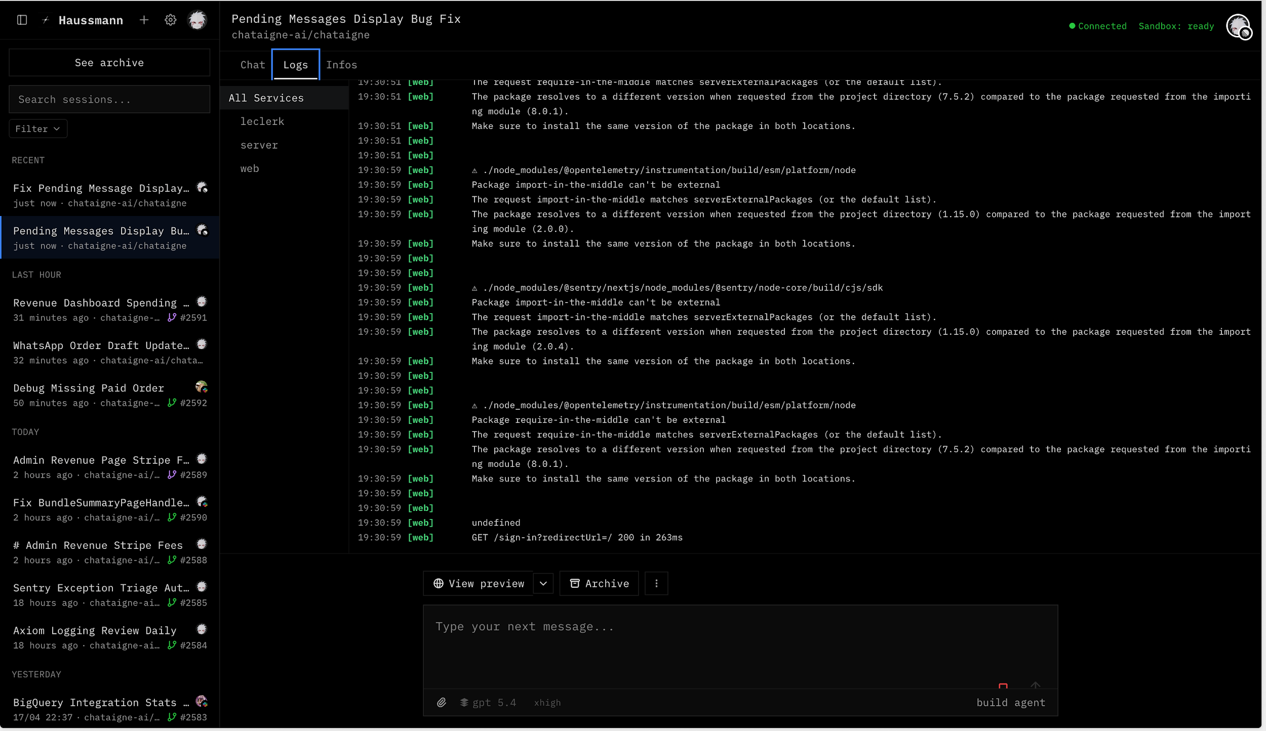 Haussmann reading production logs alongside the codebase.