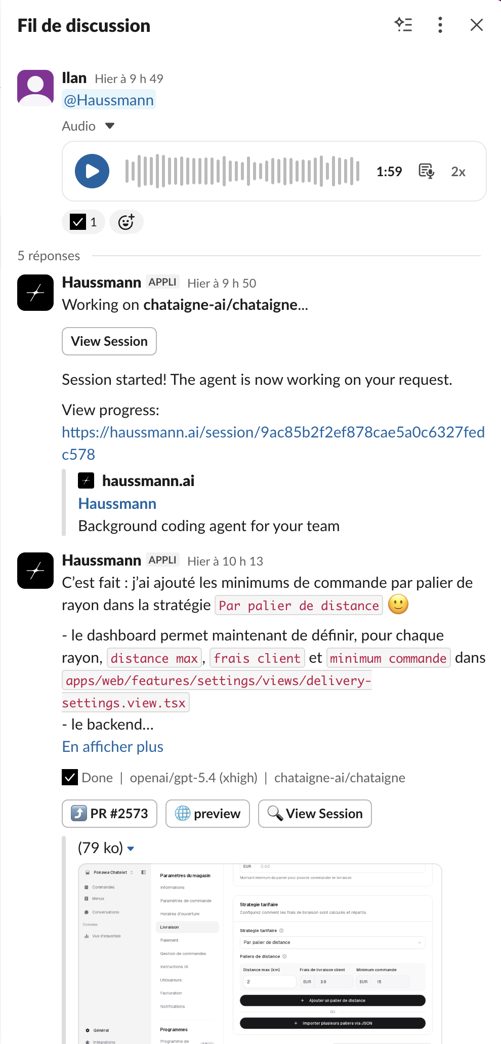 Launching a Haussmann session from Slack with a voice note.